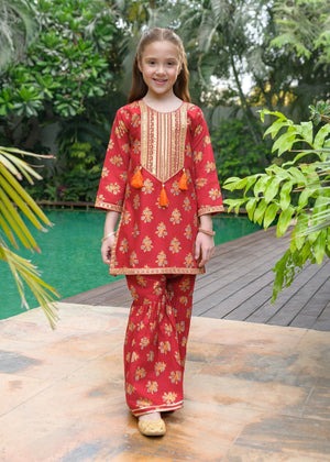 Red Embroidered Cotton Gharara Set – Festive Summer Wear (2-Piece)