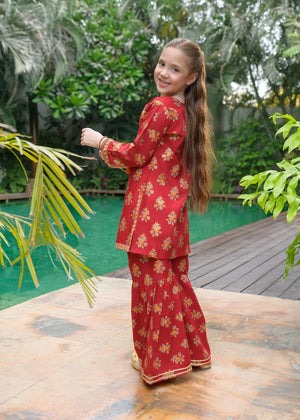 Red Embroidered Cotton Gharara Set – Festive Summer Wear (2-Piece)