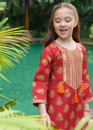 Red Embroidered Cotton Gharara Set – Festive Summer Wear (2-Piece)