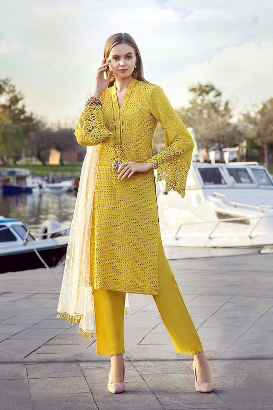 Hand-Embroidered Chickankari Cotton 3-Piece Set – Crochet Sleeves, Chiffon Dupatta & Elastic Waist