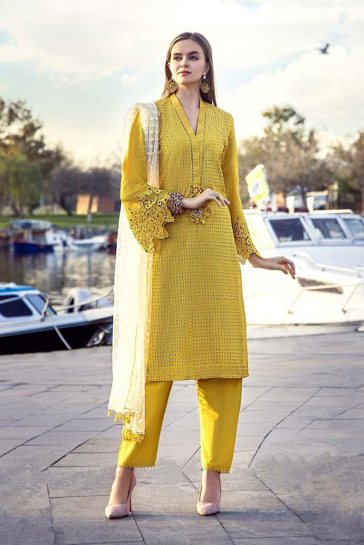 Hand-Embroidered Chickankari Cotton 3-Piece Set – Crochet Sleeves, Chiffon Dupatta & Elastic Waist