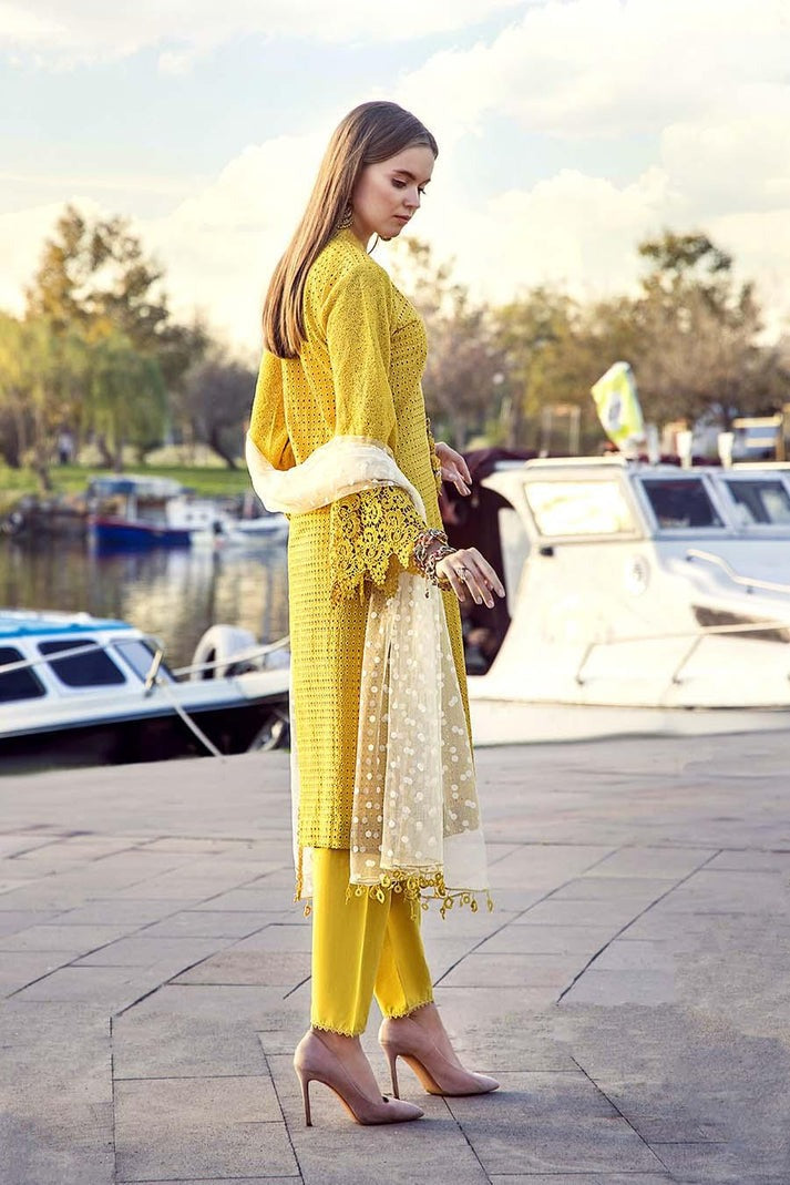 Hand-Embroidered Chickankari Cotton 3-Piece Set – Crochet Sleeves, Chiffon Dupatta & Elastic Waist