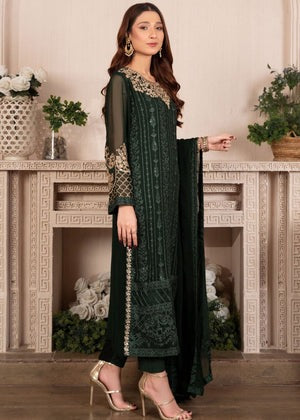 Radiant Emerald 3-Piece Ensemble with Golden Embellished Neckline
