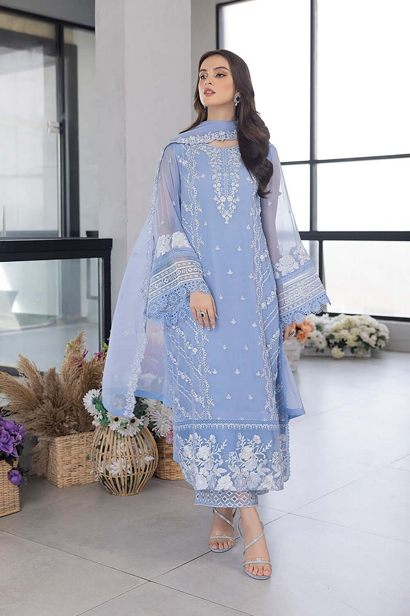 Sky Blue Radiance – Embroidered Organza Kurta Set with Zari Organza Dupatta