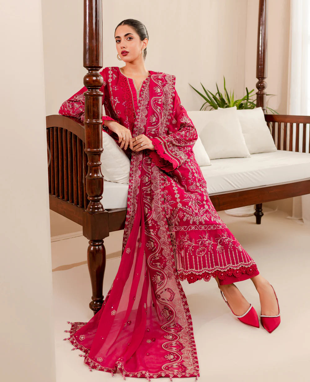 EMBROIDERED CHIFFON STITCHED 3 PIECE DRESS
