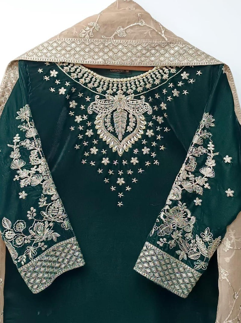 Embroidered Velvet Formal 3-Piece Suit with Organza Dupatta