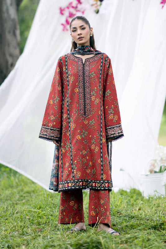 EMBROIDERED VISCOSE STITCHED 3 PIECE DRESS