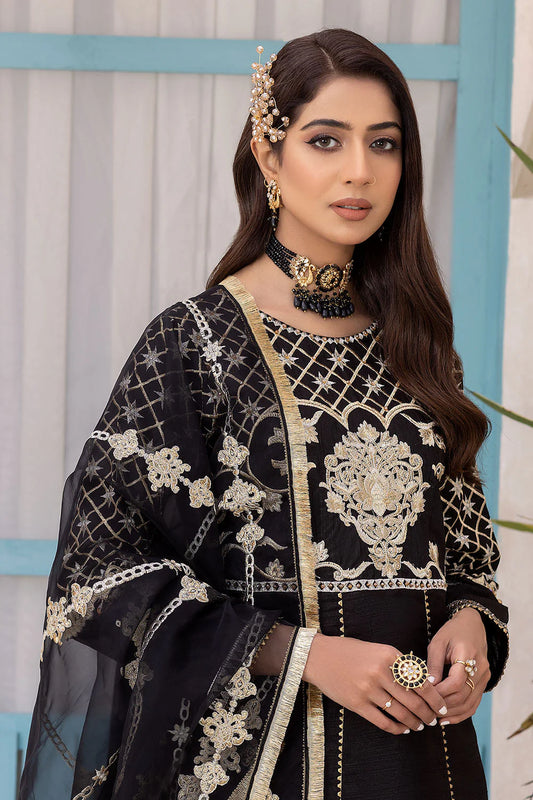 EMBROIDERED RAW SILK STITCHED 3 PIECE DRESS