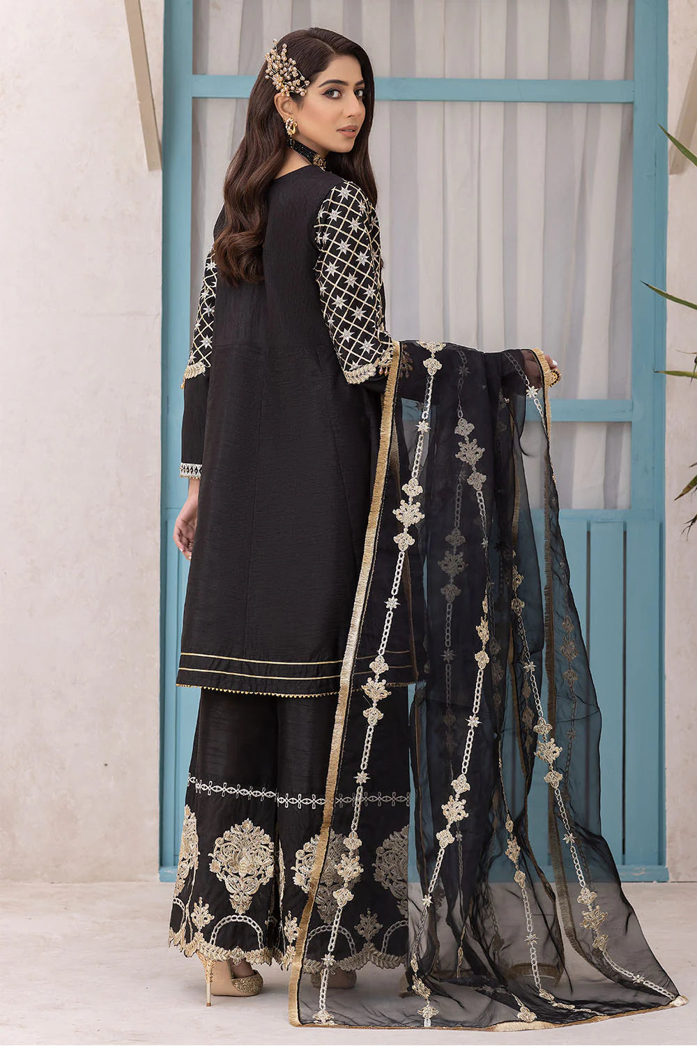 EMBROIDERED RAW SILK STITCHED 3 PIECE DRESS