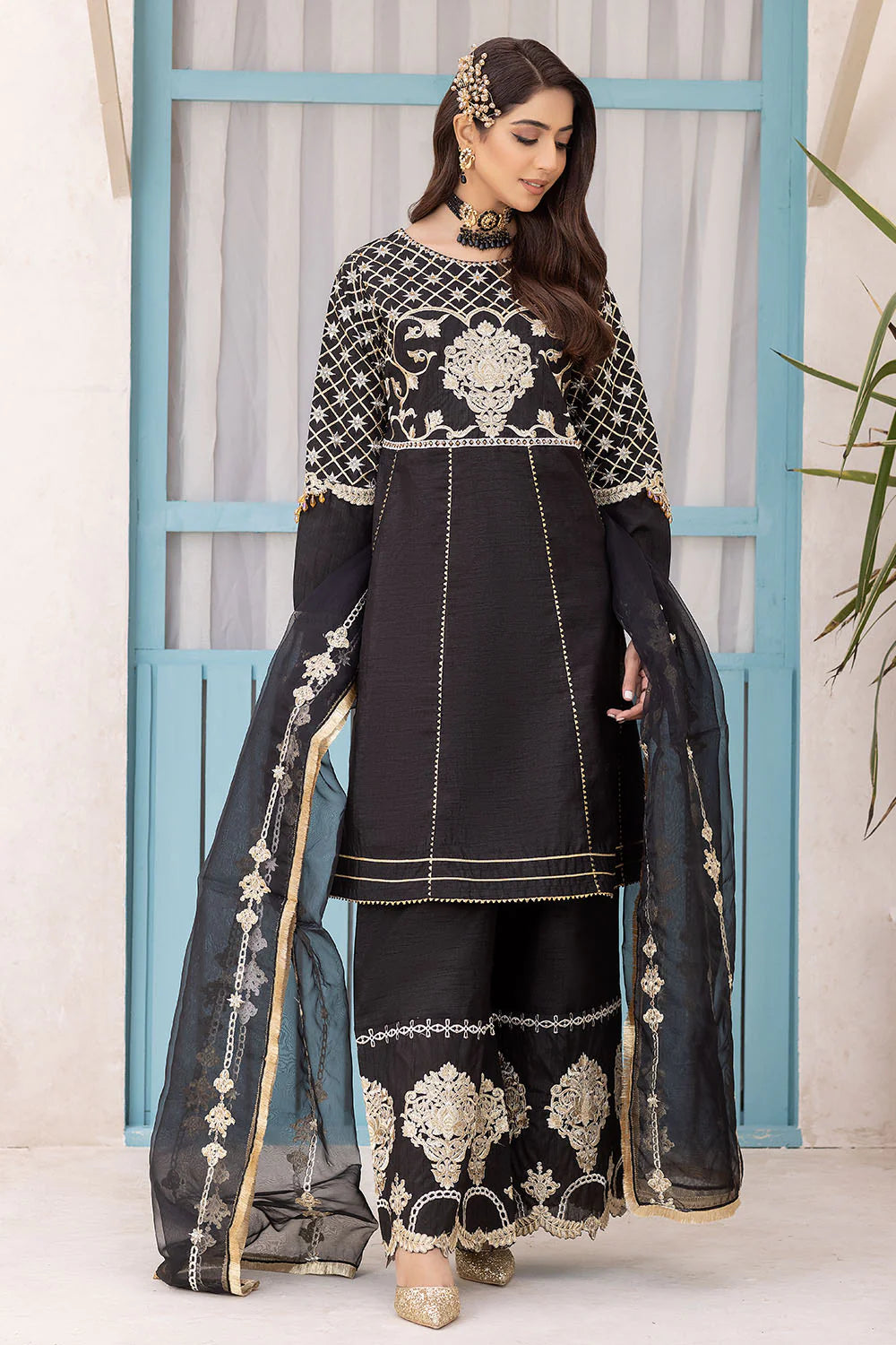 EMBROIDERED RAW SILK STITCHED 3 PIECE DRESS