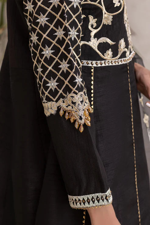 EMBROIDERED RAW SILK STITCHED 3 PIECE DRESS