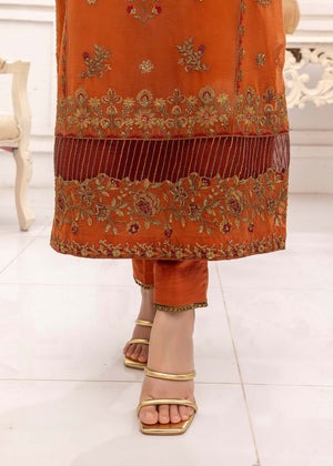 Burnt Orange Elegance – Embroidered Chiffon Kurta Set with Maroon Dupatta