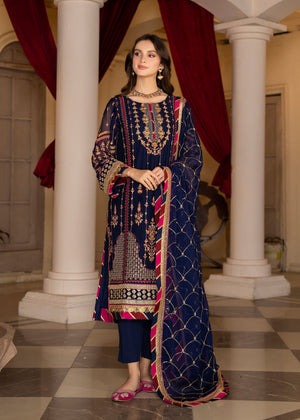 Navy Blue Charm – Embroidered Kurta, Silk Trouser & Chiffon Dupatta