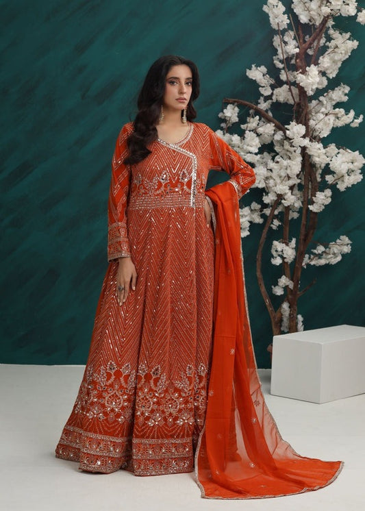 Festive Rust Orange Angrakha – 3 Piece Chiffon Ensemble