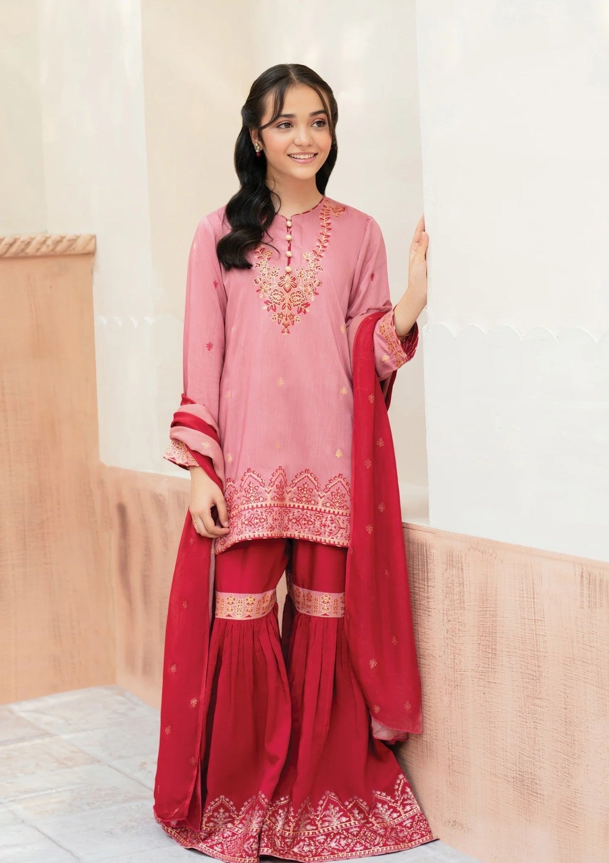 Elegant Pink Gharara Set for Girls – 3 Piece Eastern Wear with Silk Dupatta