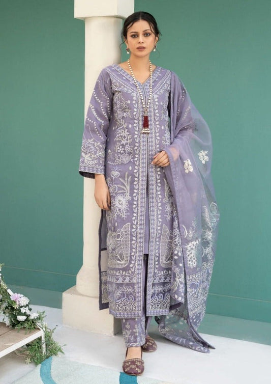 Purple Embroidered Organza 3-Piece Suit with Straight Trousers
