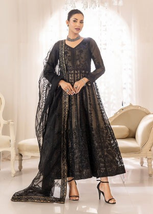 Black Organza Layered Maxi Pishwas with Intricate Black Embroidery & Raw Silk Trousers