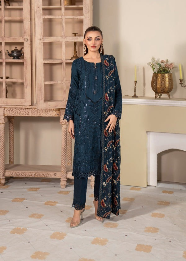 Navy Blue Chiffon Straight Kurta 3-Piece Set