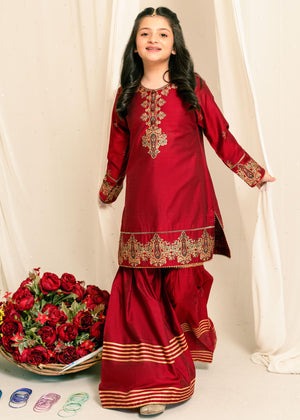 Screen Printed Maroon Kurti with Flared Gharara – 2 Piece Cotton Silk