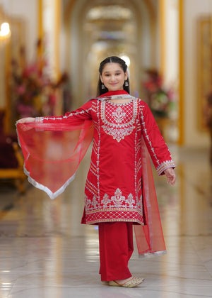 Hot Pink Embroidered Khaddi Net 3-Piece Girls Suit