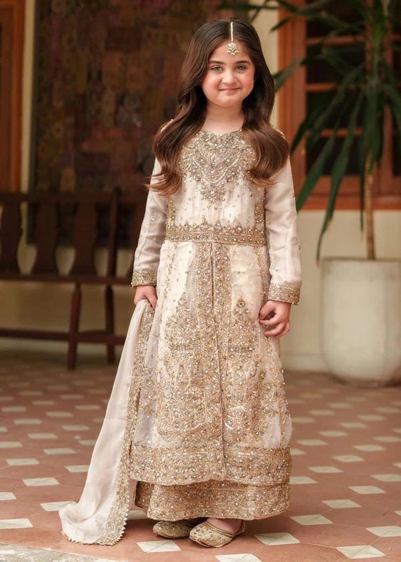 Girls’ Gold Embroidered Maxi Dress – 3-Piece Formal Outfit with Dupatta | Kids Wedding Guest Wear | Modest Eastern Dress