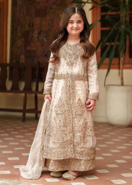 Girls’ Gold Embroidered Maxi Dress – 3-Piece Formal Outfit with Dupatta | Kids Wedding Guest Wear | Modest Eastern Dress