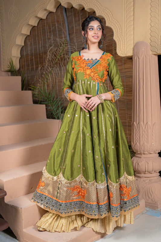 EMBROIDERED RAW SILK ANGRAKHA WITH LEHNGA DRESS