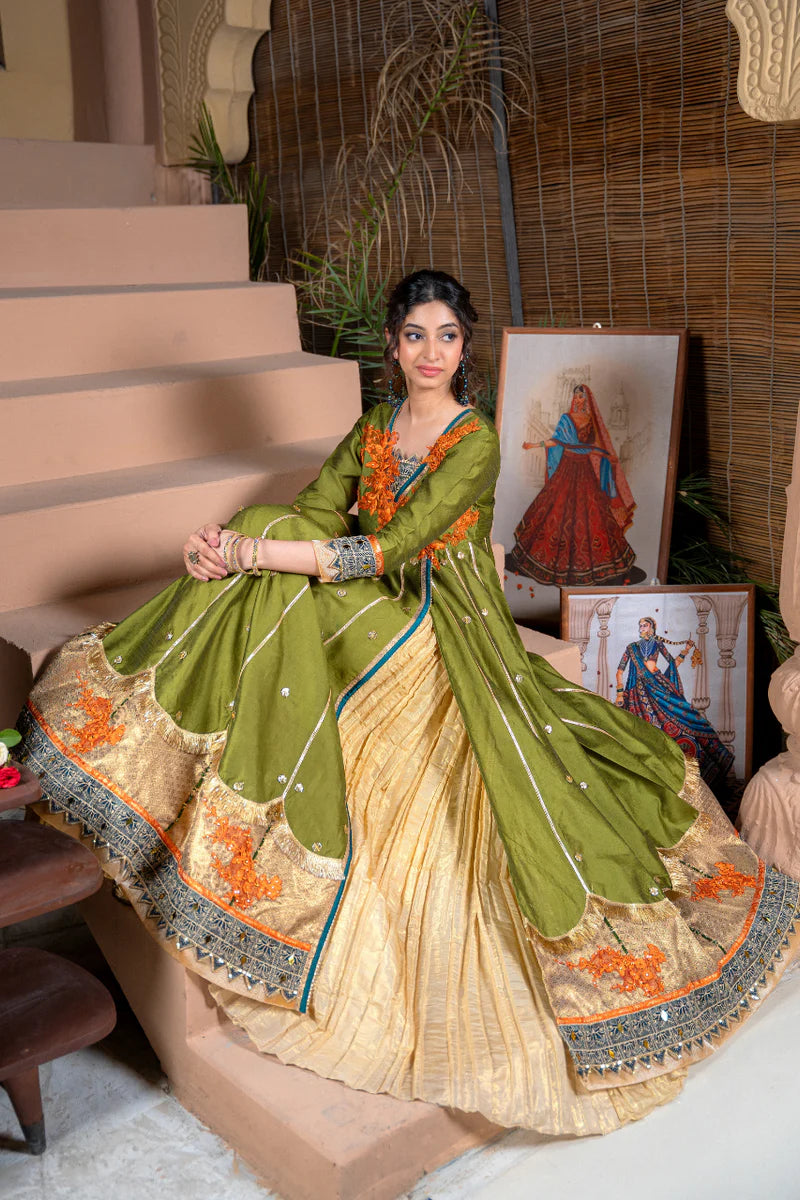 EMBROIDERED RAW SILK ANGRAKHA WITH LEHNGA DRESS