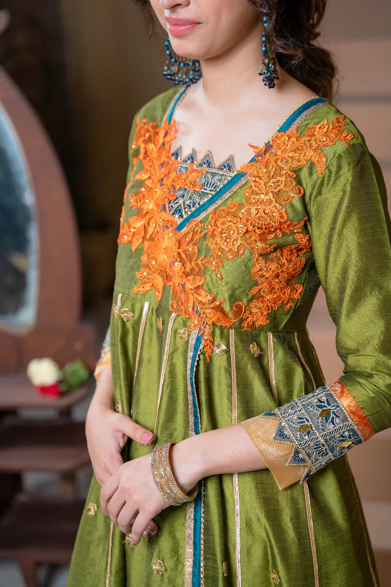 EMBROIDERED RAW SILK ANGRAKHA WITH LEHNGA DRESS