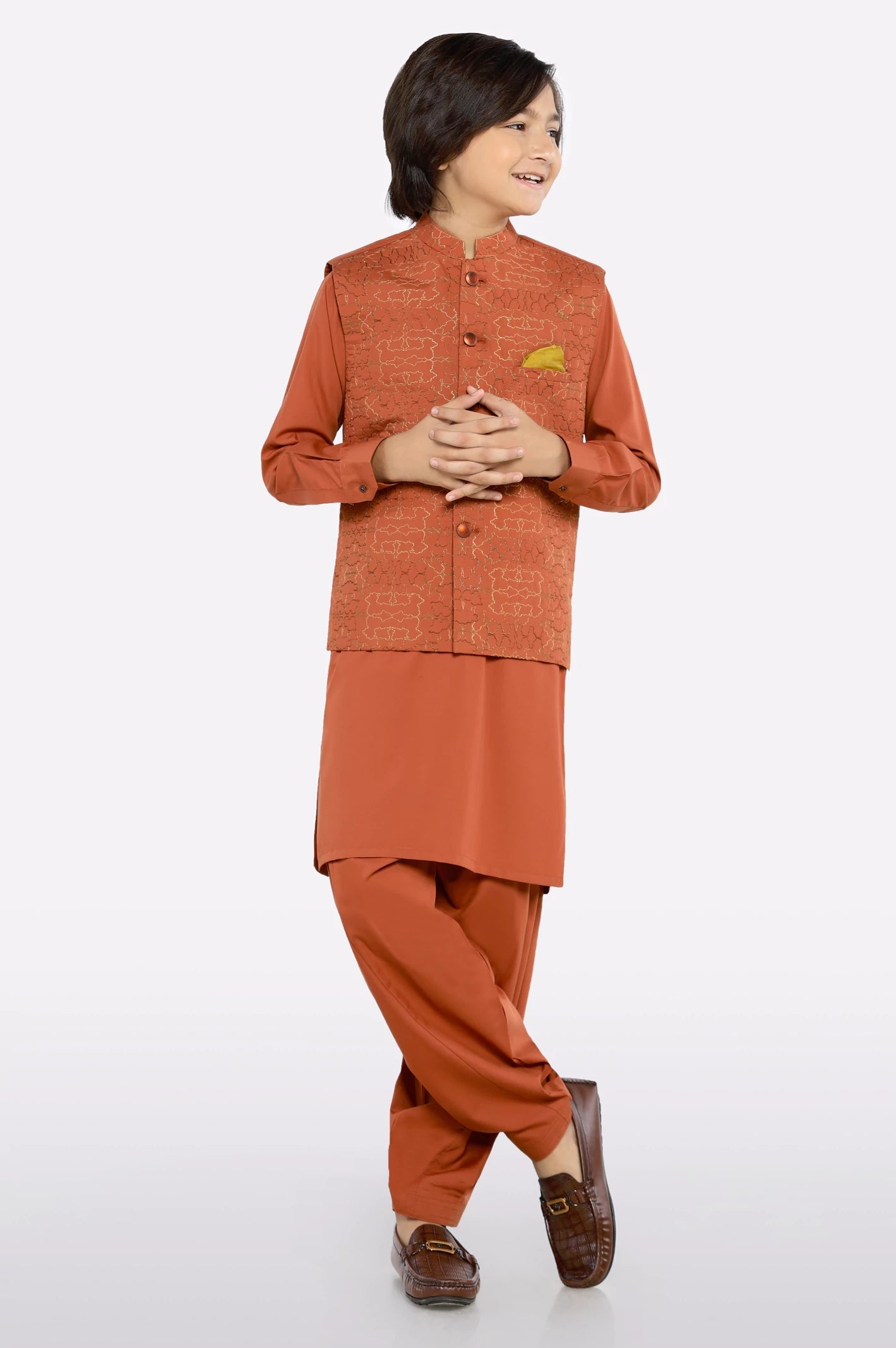 Rust Boys Kurta Shalwar With Waistcoat
