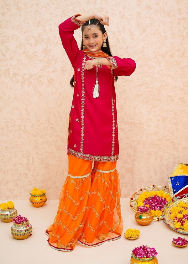 Pink Embroidered Raw Silk 3-Piece Set with Organza Dupatta – Wide-Leg Gharara