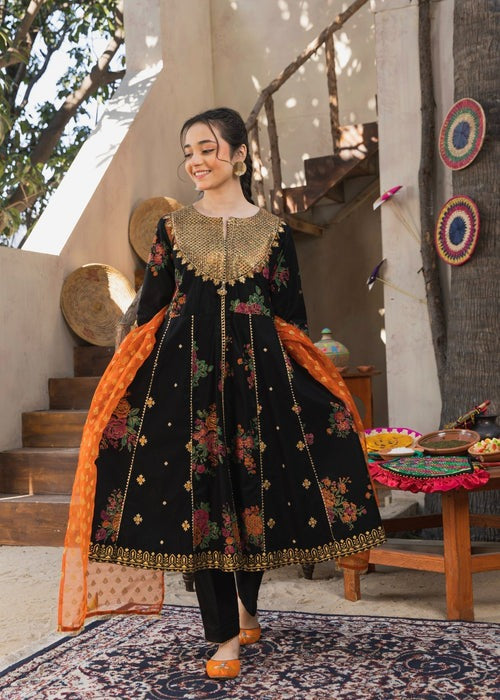 Black Embroidered Cotton 3-Piece Set – Flared Pishwas with Straight Trouser & Organza Dupatta
