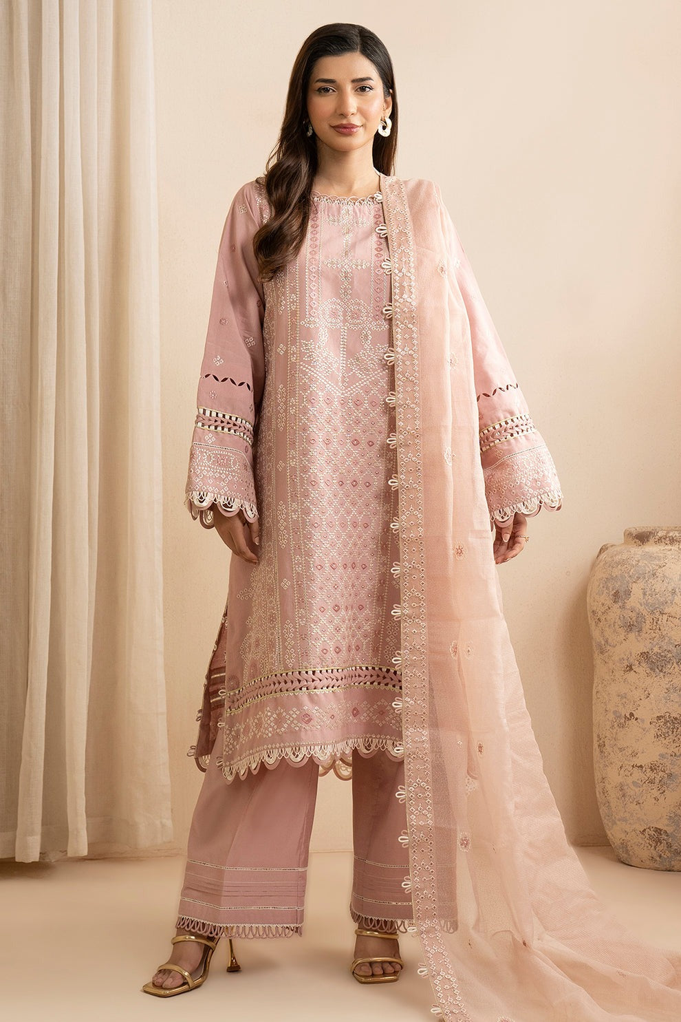 Embroidered Shirt Shalwar Dupatta - Cotton Silk