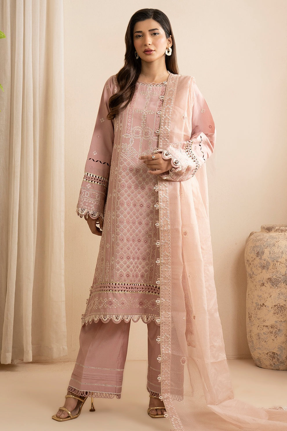 Embroidered Shirt Shalwar Dupatta - Cotton Silk