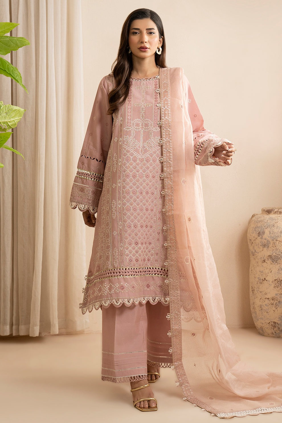 Embroidered Shirt Shalwar Dupatta - Cotton Silk
