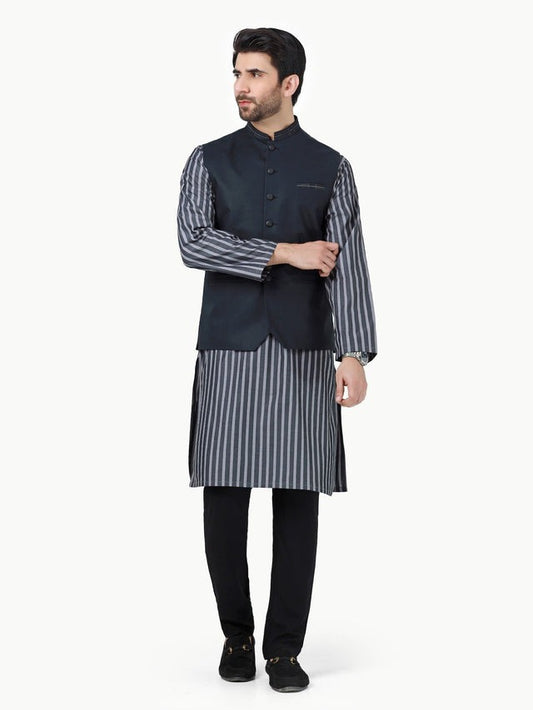 Men's Grey & Black Waist Coat Suit
