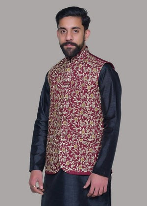 Maroon Waistcoat with Gold Tilla Embroidery – Elegant Traditional Wear