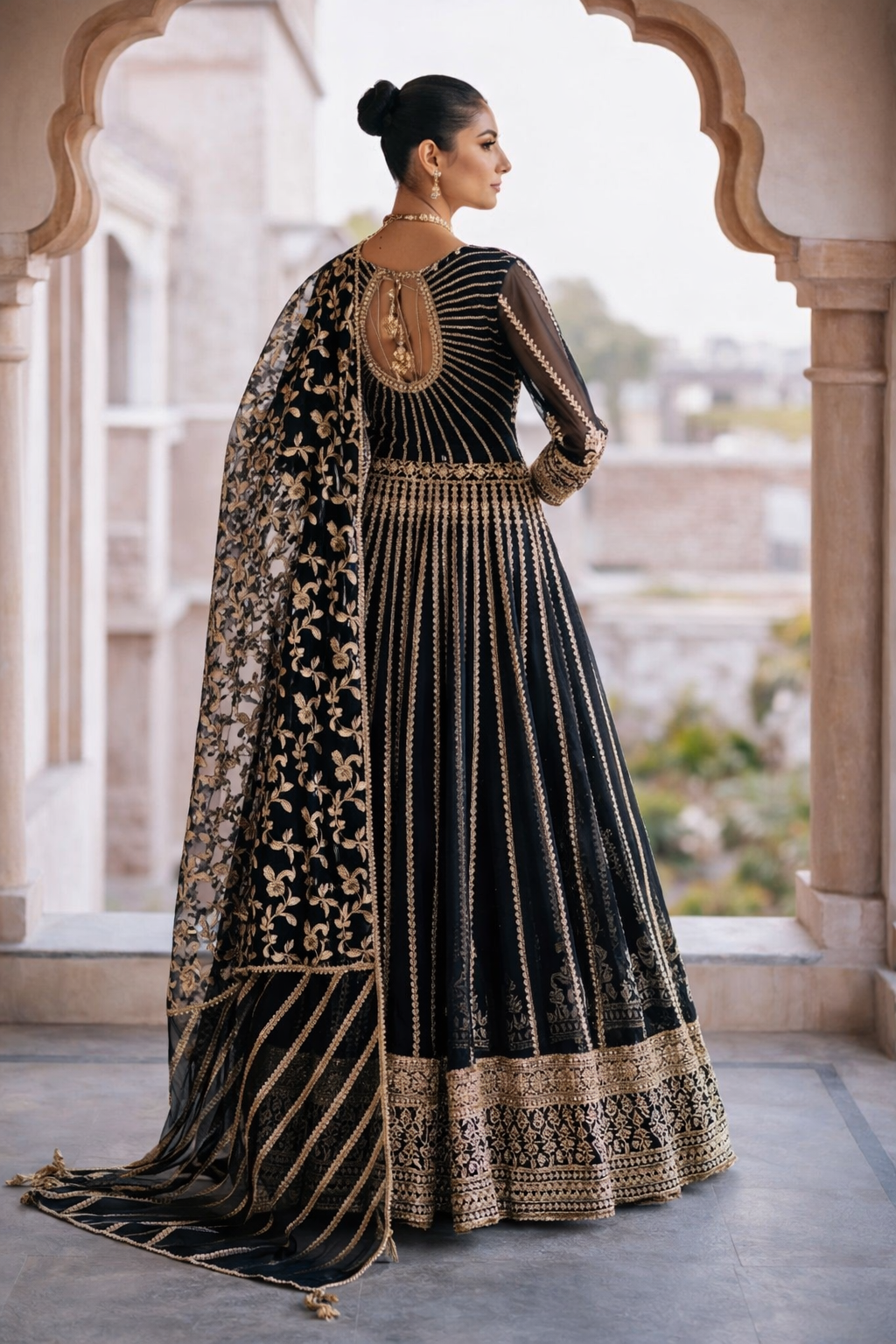 Black Organza Flared Maxi Set with Straight Grip Trousers & Dupatta