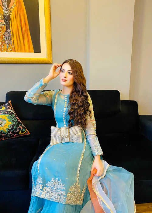 EMBROIDERED ORGANZA STITCHED 3 PIECE SHARARA DRESS