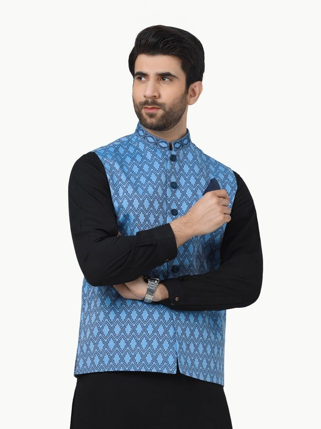 Men’s Sky Blue Embroidered Waistcoat – Traditional Formal Wear