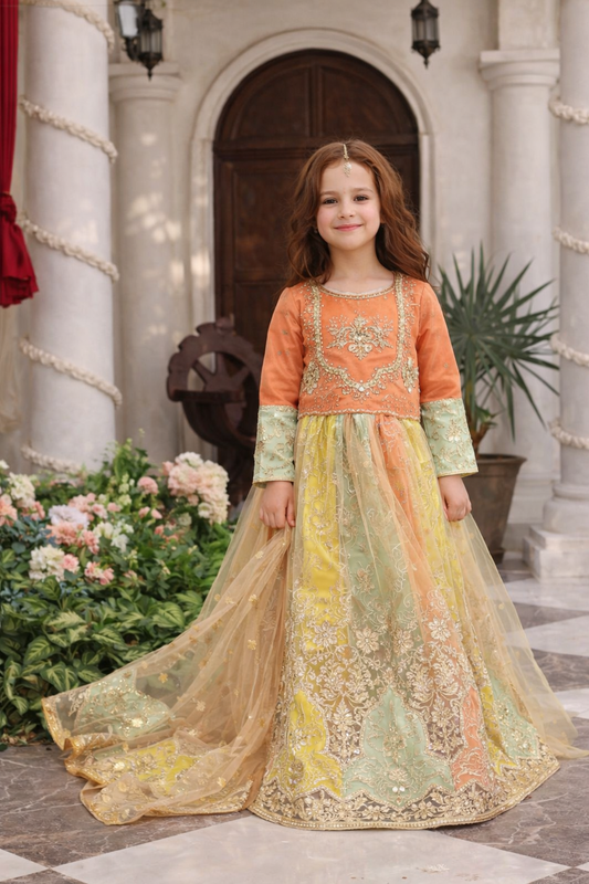 Multi-Color Embroidered Organza Kurti with Net Lehenga & Dupatta – 3-Piece Festive Ensembl