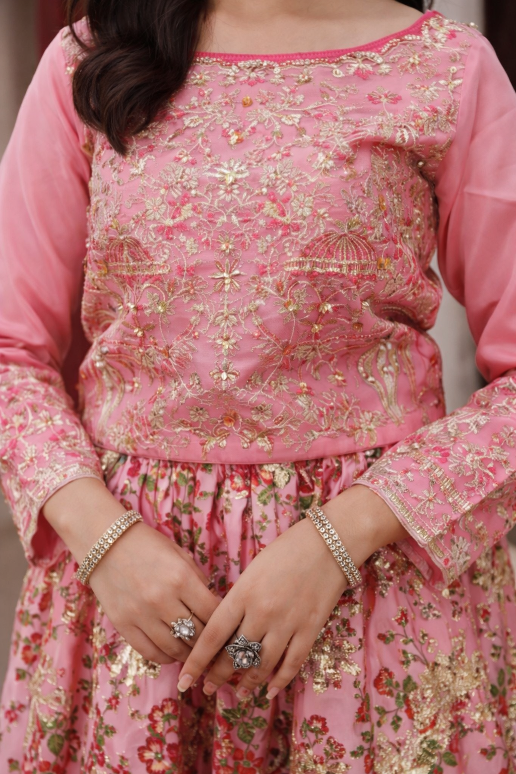 Bubblegum Pink Embroidered Organza Kurti with Multi-Layered Lehenga & Organza Dupatta – 3-Piece Festive Set