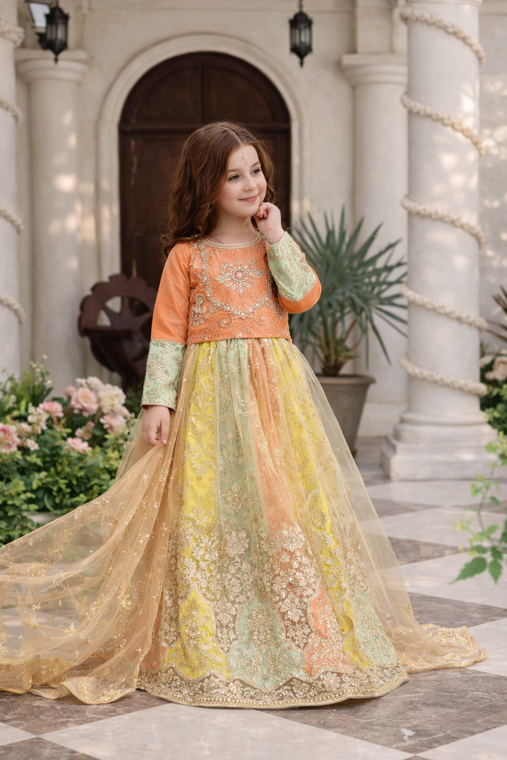 Multi-Color Embroidered Organza Kurti with Net Lehenga & Dupatta – 3-Piece Festive Ensembl