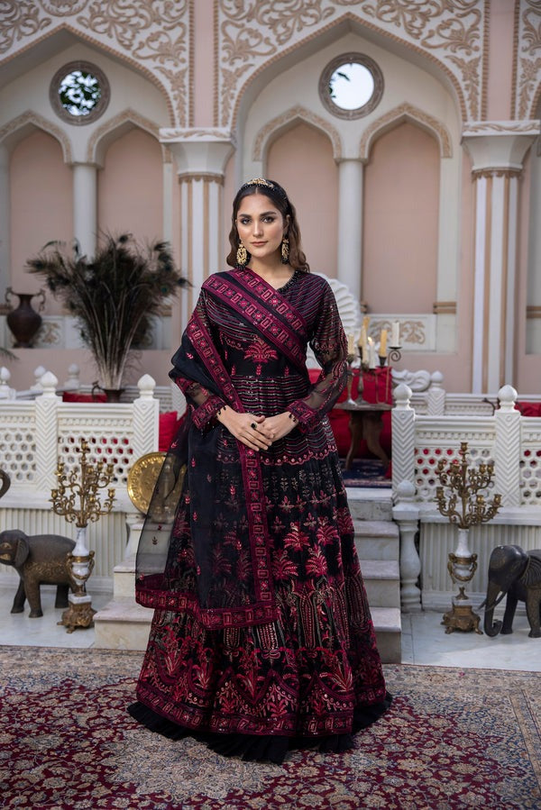 Ebony Radiance – Classic Embroidered Dress with Organza Dupatta
