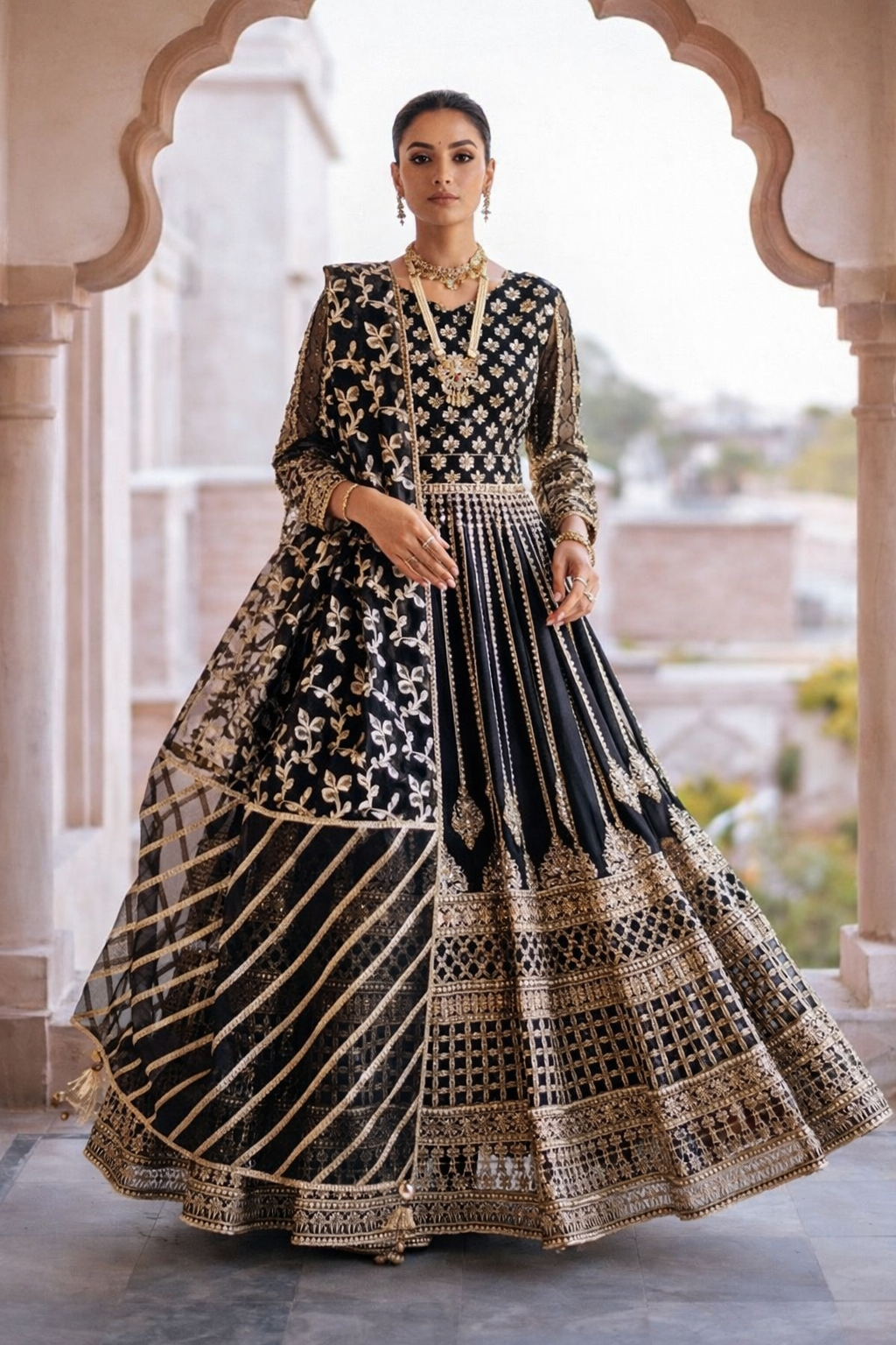 Black Organza Flared Maxi Set with Straight Grip Trousers & Dupatta