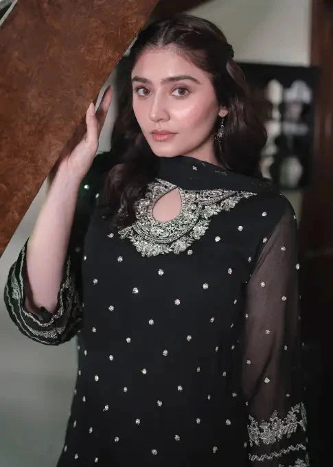 EMBROIDERED CHIFFON STITCHED 3 PIECE DRESS