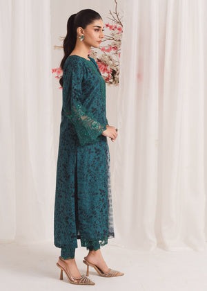 Dark Green Printed Poly Lawn Kurta Set with Chiffon Dupatta