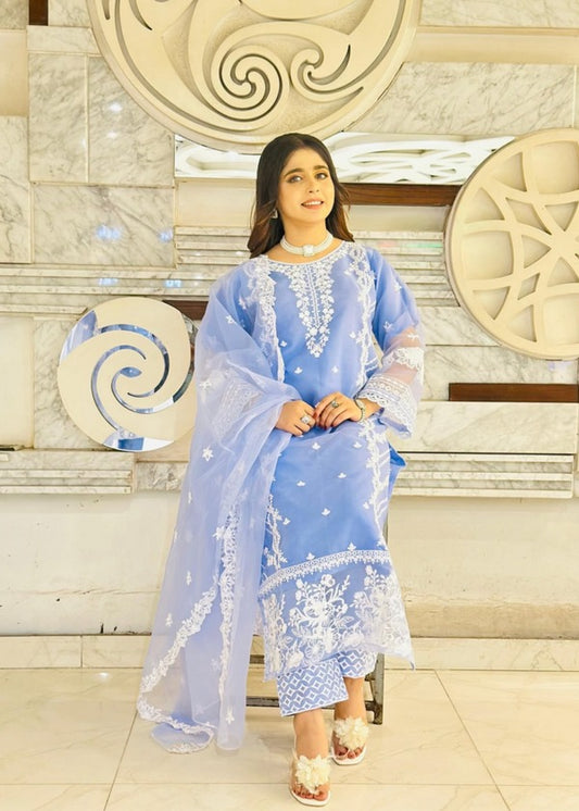 Fairy Glow Ice Blue Embroidered Organza Ensemble