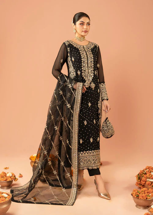 EMBROIDERED CHIFFON STITCHED 3 PIECE DRESS