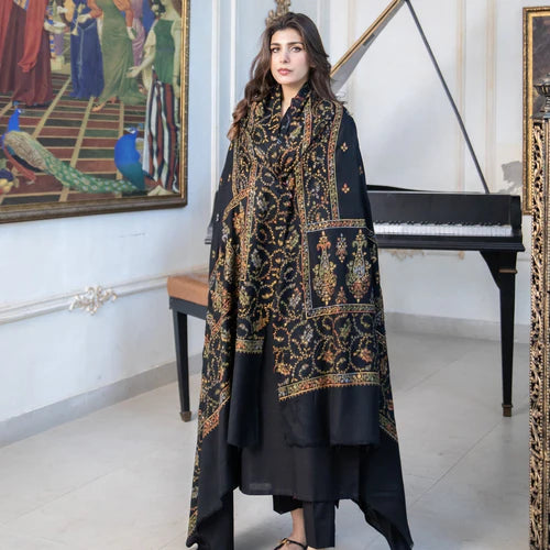 Black Pashmina Wool Hand-Embroidered Shawl (Needle work)
